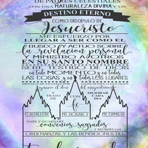 May include: A watercolour background with a black and white image of a temple with text that reads "hija amada de padres celestiales con una naturaleza divina y un destino eterno como discipulo de Jesucristo me esfuerzo por llegar a ser como el la revelacion personal y ministro a en su santo nombre sere testigo de dios en todo momento y en todas las cosas y en todos los lugares mientras me esfuerzo por calificar para la exaltacion aprecio el don del arrepentimiento y trato con fe fortalecer mi hogar y mi familia hare y guardare convenios sagrados y recibir las ordenanzas y las bendiciones del templo sagrado"