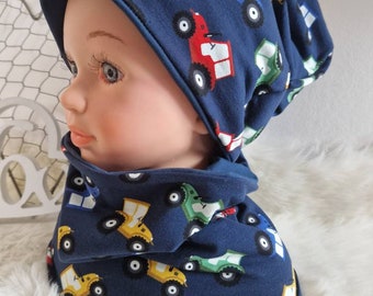 Beanie und Loop, Mütze und Schal, Kindermütze, Mütze Junge, Mütze Mädchen, Wendebeanie, Herbst-Set, Übergangs-Set, Mützen Set, Traktor