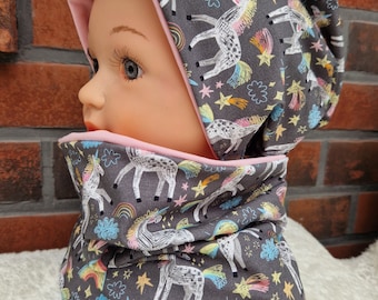 Beanie und Loop, Mütze und Schal, Kindermütze, Mütze Junge, Mütze Mädchen, Wendebeanie, Herbst-Set, Übergangs-Set, Mützen Set, Einhorn, Rosa