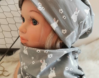 Beanie und Loop, Mütze und Schal, Kindermütze, Mütze Junge, Mütze Mädchen, Wendebeanie, Herbst-Set, Übergangs-Set, Mützen Set, Hase Blume