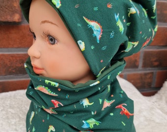 Beanie und Loop, Mütze und Schal, Kindermütze, Mütze Junge, Mütze Mädchen, Wendebeanie, Herbst-Set Übergangs-Set Mützen Set Dino Dinosaurier