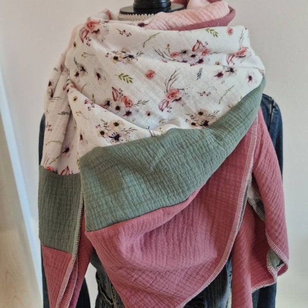 XXL cloth, muslin, muslin scarf, neckerchief, triangular scarf, scarf, women, nursing cloth, muslin scarf, flowers, green, old pink