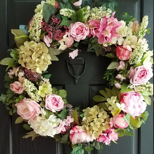 Summer Wreath~Roses~Hydrangeas~Home Decor~Farmhouse Cottage Decor~French Country Wreath~Herringbone Bow~ Front Door