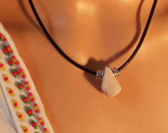 Handmade Snow White Quartz Pendant Necklace: Leather Cord, Spanish Silver