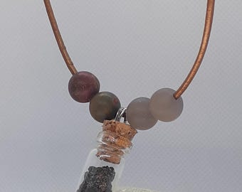 Cumberlandite Vial Necklace, Jasper Quartz Beads, Bronze Leather Cord