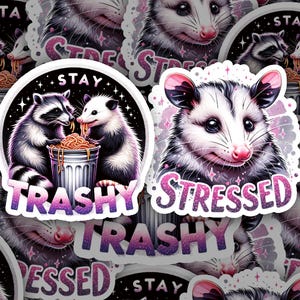 Raccoon Sticker or Opossum Sticker | &quot;Stressed&quot; & &quot;Stay Trashy&quot; Possum Decal | Holographic Waterproof Sticker | Gift for animal lover