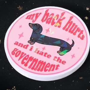 May include: A stack of round stickers with a pink background and a dachshund illustration. The text on the sticker reads "my back hurts and I hate the government" in a retro font. The dachshund has a geometric pattern.