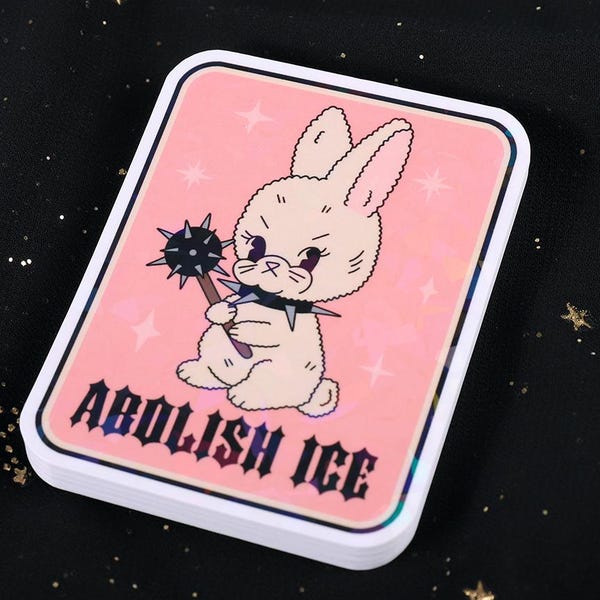 Abolish Ice Holographic Sticker: Cartoon Bunny with Spiked Club