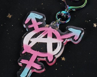 Trans Anarchy Glitter Epoxy Keychain: LGBT Pride Iridescent Heart Clasp