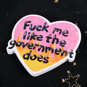 A flaming heart-shaped sticker with the text "Fuck me like the government does"