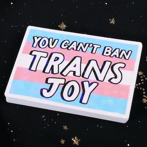 Trans Pride Flag Holographic Sticker: You Can&#39;t Ban Trans Joy - 3 inch Waterproof Decal