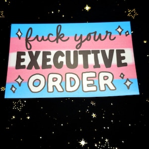 Op de afbeelding: Een rechthoekig bord met de tekst "fuck your EXECUTIVE ORDER" in zwart en wit. Het bord heeft een blauwe, roze en witte achtergrond, met ruitvormige accenten. De achtergrond is zwart met gouden stervormige accenten.