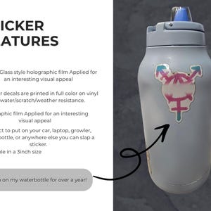 Features:

.: All of our decals are printed in full color on vinyl for water/scratch/weather resistance.
.: Holographic film Applied to the large size sticker, for an interesting visual appeal. 
.:  Perfect to put on your car, laptop, growler, water bottle, or anywhere else you can slap a sticker
.: Available in 3inch wide
.: Also Showcases a sticker that has been on my water bottle for over a year and is in good condition