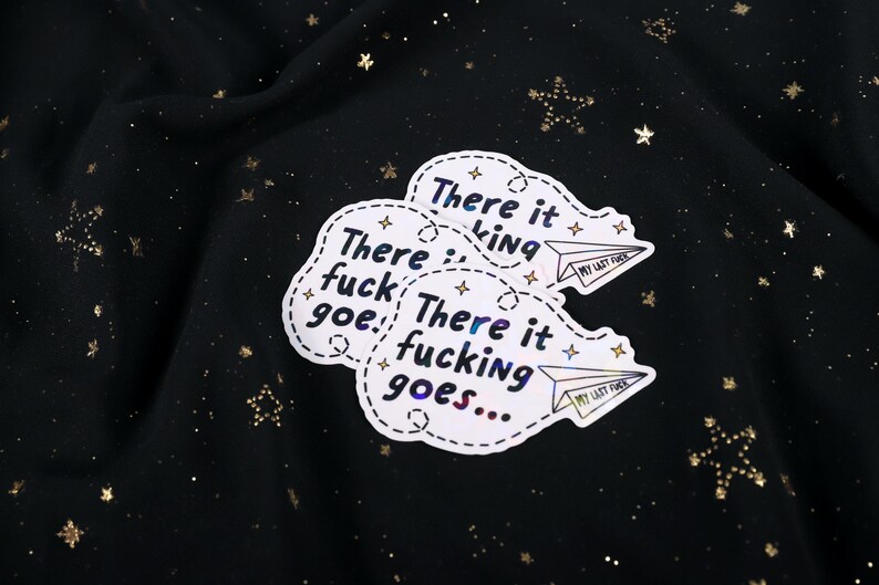 A sticker with the phrase "There it fucking goes..." and a small paper airplane graphic flying away that says "My Last Fuck"