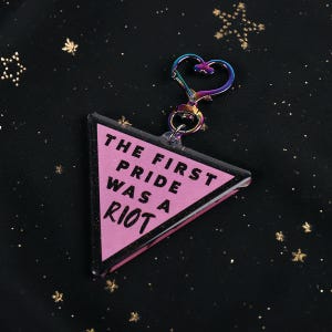 The First Pride Was a Riot LGBT Pride Protest Pink Triangle Holographic  2.5 inch Glitter Epoxy keychain