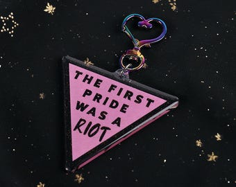 LGBT Pride Was a Riot Protest Keychain: Pink Triangle Glitter Epoxy Charm