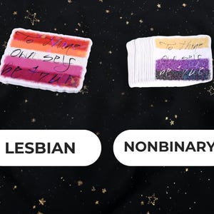 A Holographic Sticker of the Shakespeare quote from Hamlet "To Thine Own Self Be True" on the Lesbian and Nonbinary Flags