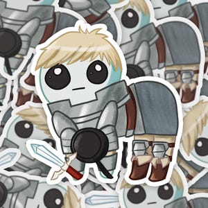 A mockup of A holographic sticker Of Laios Touden  of Dungeon Meshi / Delicious in dungeon imagined as the yippee / Autism Creature sticker