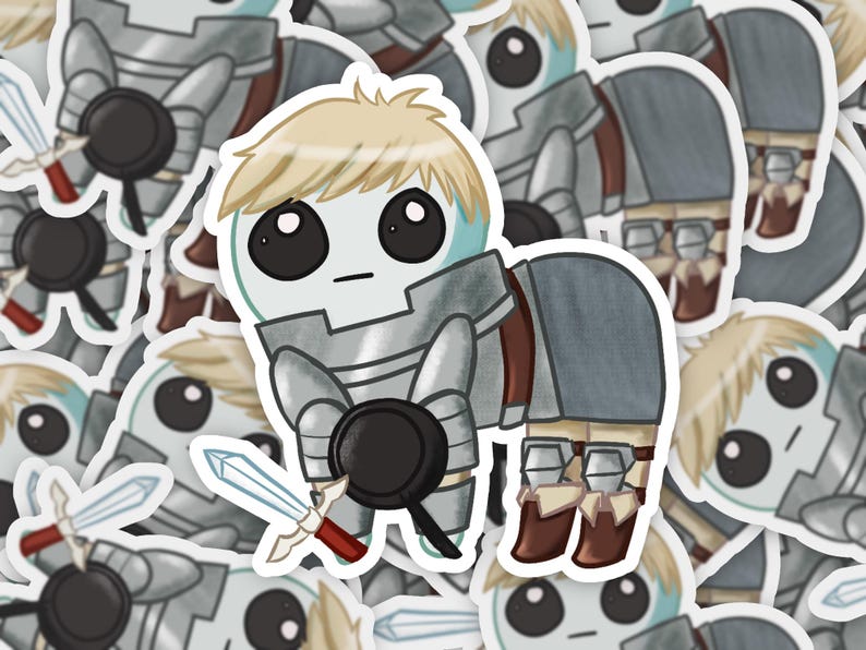 A mockup of A holographic sticker Of Laios Touden  of Dungeon Meshi / Delicious in dungeon imagined as the yippee / Autism Creature sticker