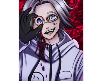 May include: Digital illustration of a character with gray hair, holding an eyeball. The character wears glasses and a white hoodie, with blood details. The background is a red pattern.