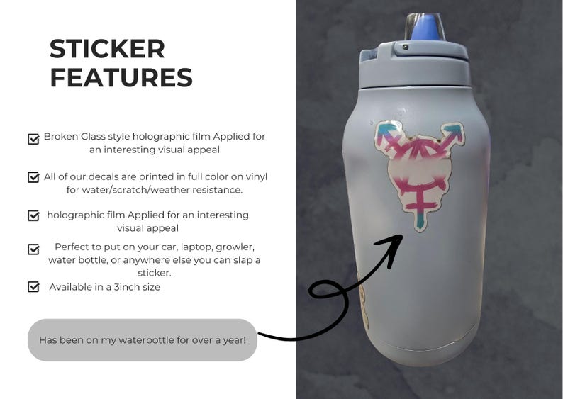 Features:

.: All of our decals are printed in full color on vinyl for water/scratch/weather resistance. They are not UV resistant.
.: Holographic film Applied to the large size sticker, for an interesting visual appeal. 
.:  Perfect to put on your laptop, luggage, Notebooks, Binders, water bottle, or anywhere else you can slap a sticker. 
.: Available in 3inch wide
.: Also Showcases a sticker that has been on my water bottle for over a year and is in good condition