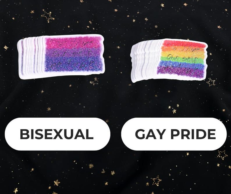 A Holographic Sticker of the Shakespeare quote from Hamlet "To Thine Own Self Be True" on the Bi And Gay Pride Flags