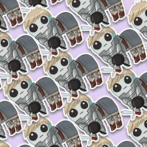 A mockup of A holographic sticker Of Laios Touden  of Dungeon Meshi / Delicious in dungeon imagined as the yippee / Autism Creature.