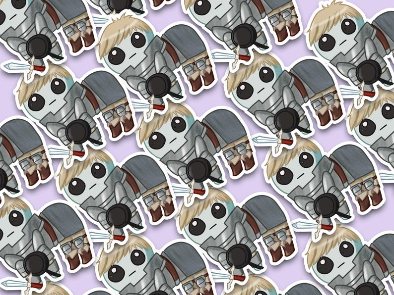 A mockup of A holographic sticker Of Laios Touden  of Dungeon Meshi / Delicious in dungeon imagined as the yippee / Autism Creature.