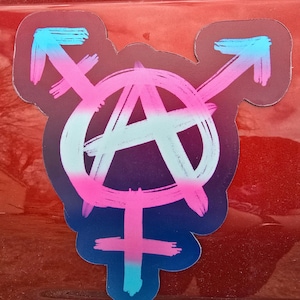 May include: A sticker featuring a transgender anarchy symbol. The design includes a pink and blue transgender symbol, an anarchy symbol, and a female symbol, all in a gradient of pink, blue, and purple.