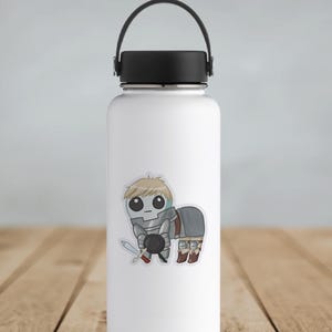 A mockup of a holographic sticker Of Laios Touden  of Dungeon Meshi / Delicious in dungeon imagined as the yippee / Autism Creature on a flask.