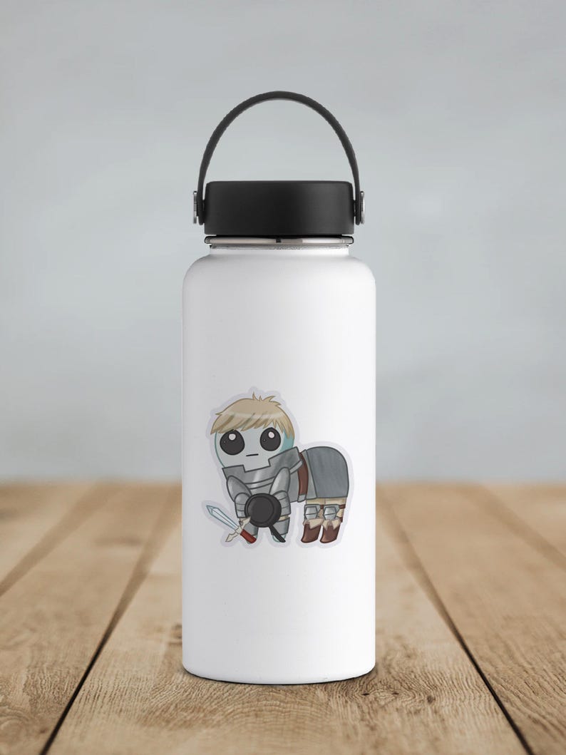 A mockup of a holographic sticker Of Laios Touden  of Dungeon Meshi / Delicious in dungeon imagined as the yippee / Autism Creature on a flask.
