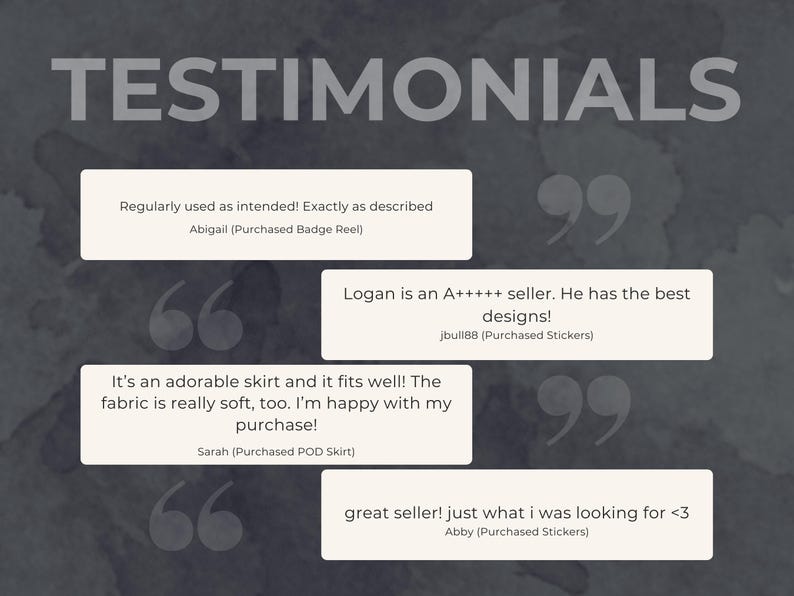 a Page showing off some of the good reviews from my shop For My Items.
