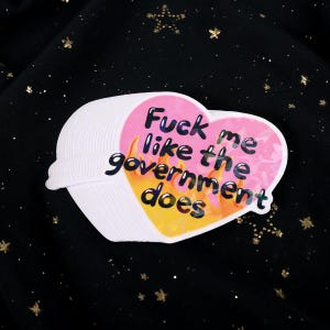 A flaming heart-shaped sticker with the text "Fuck me like the government does"
