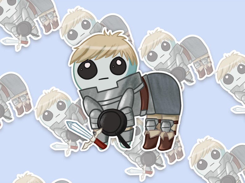 A mockup of A holographic sticker Of Laios Touden  of Dungeon Meshi / Delicious in dungeon imagined as the yippee / Autism Creature.