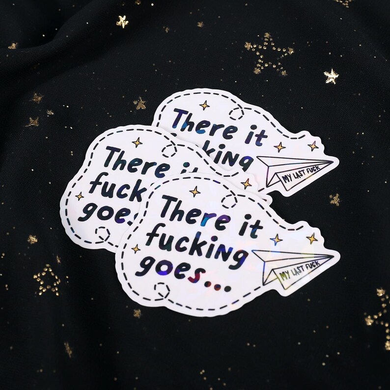 A sticker with the phrase "There it fucking goes..." and a small paper airplane graphic flying away that says "My Last Fuck"