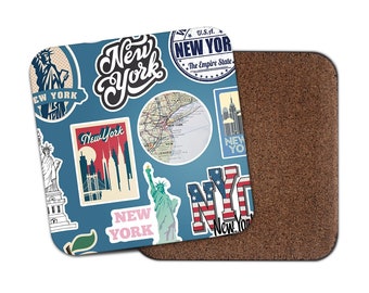Square Single Coaster - New York America USA Landmarks Map Airport Stamps Flag Travel Holiday City Kitchen Mug Cup Drinks House Gift #78868