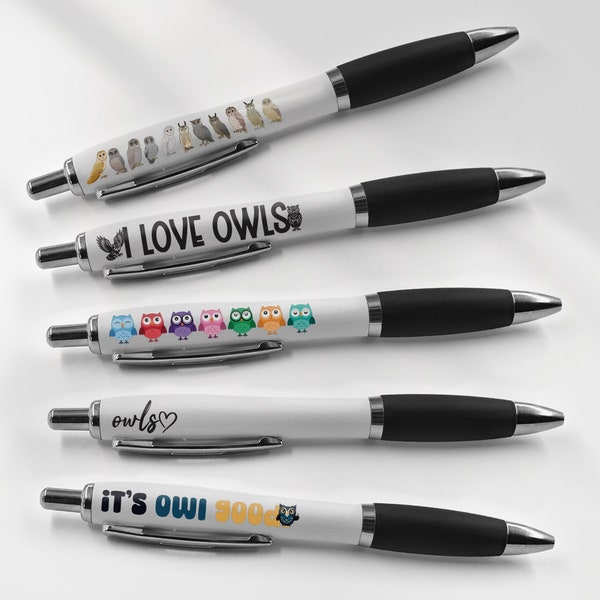 5 x Owl Black Pens - Birds Funny Pun Pets Animal Cartoon Stationary School Equipment Teacher Friend Girls Boys Birthday Gift Set #81301