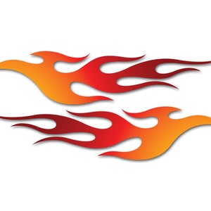 May include: Two stylised flames in orange, red and yellow. The flames are layered on top of each other, with the top flame slightly larger than the bottom flame.