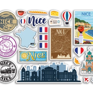 May include: A collection of stickers featuring various images related to the city of Nice, France. The stickers include a map of Nice, a vintage travel poster, a heart with the French flag, a church, and a cityscape.