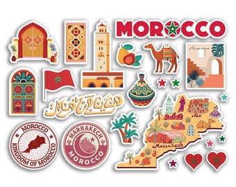 A5 Sticker Sheet Morocco Landmarks Vinyl Stickers - Country Map Airport Stamps Skyline Flag Travel Holiday City Scrapbook Aesthetic #79017