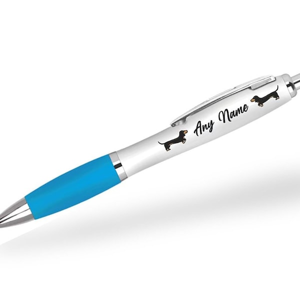 1 x stylo personnalisé personnalisé - Encre noire Saucisse Chien Teckel Chiot Animal Sœur Meilleur Ami Filles Garçons Teen Aqua Blue Cadeau - #75415