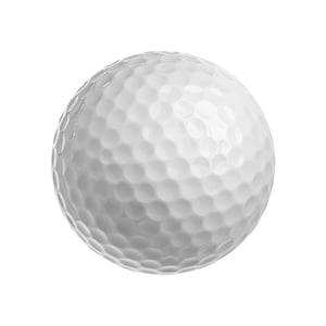 May include: A white golf ball with a dimpled surface. The ball is round and appears to be made of a smooth, durable material. The dimples are evenly spaced across the surface.