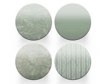 4 x Round Sage Green Coasters - Floral Pattern Farmhouse Women Set Theme House Warming Circle Drinks Kitchen Decoration Décor Gift #80205