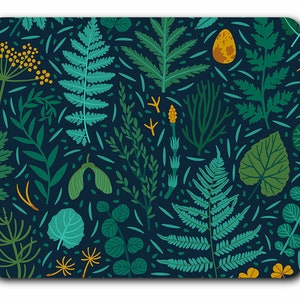 May include: A dark blue background with a repeating pattern of green and yellow leaves, ferns, and other botanical elements.