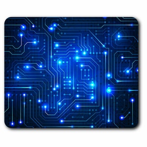 May include: Abstract blue and black digital circuit board pattern with glowing blue lights. The pattern resembles a computer motherboard.
