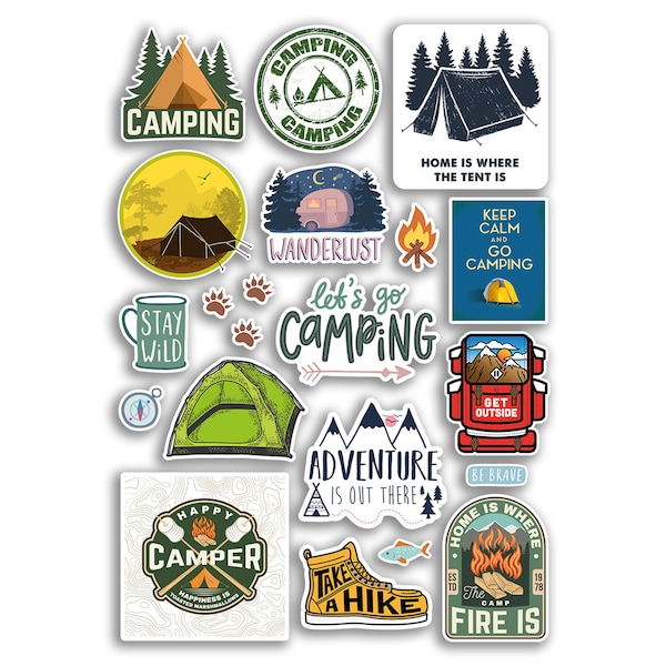 A4 Stickerblad Camping Vinyl Stickers - Kamp Camper Avontuur Tent Hobby Wild Jongens Meisjes Mannen Ga naar buiten Scrapbooking Reiscadeau #78899