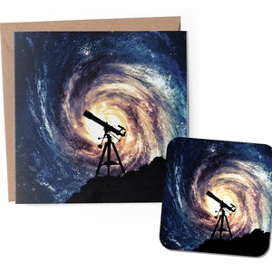 May include: A black silhouette of a telescope pointed towards a swirling galaxy in a dark blue sky with white stars. The telescope is on a tripod and is set on a rocky hill.