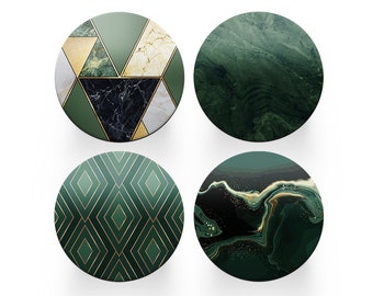 4 x Round Art Deco Coasters - Green Agate Marble Effect Set Theme Women House Warming Circle Drinks Kitchen Decoration Décor Gift #80168