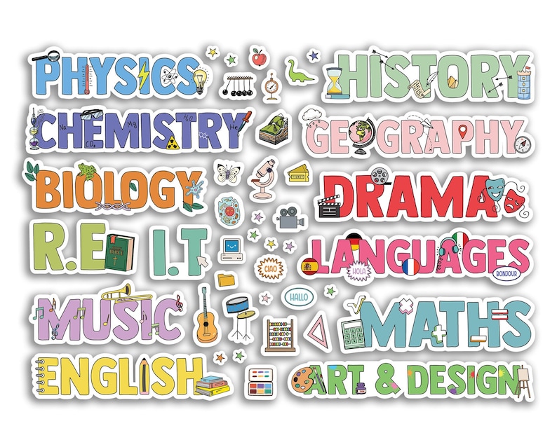 A5 Sticker Sheet School Subjects Vinyl Stickers - Folder Workbook Book ...