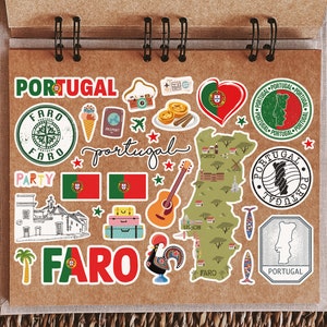 Op de afbeelding: Een verzameling kleurrijke stickers met Portugese bezienswaardigheden, symbolen en tekst. De stickers bevatten een kompas, een gitaar, een haan, een hart met de Portugese vlag en een kaart van Portugal. De tekst op de stickers omvat "Portugal", "Faro", "Party" en "Lissabon".